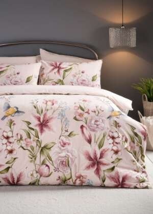 Różowy, dwustronny zestaw kołder z motywem kwiatowym