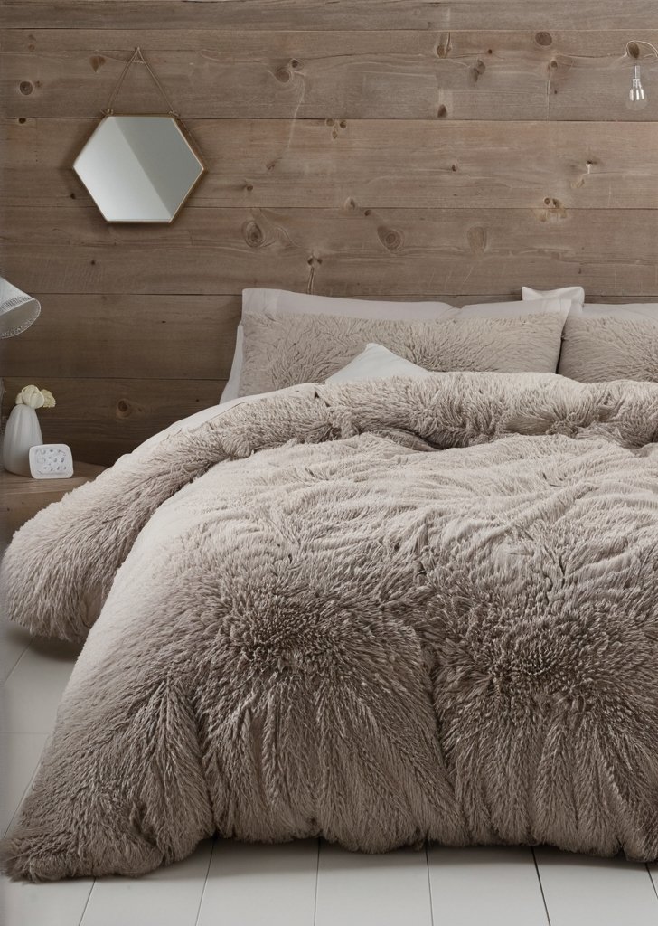 Zestaw poszewek na kołdrą ze sztucznego futra z głąbokim włosiem, naturalny