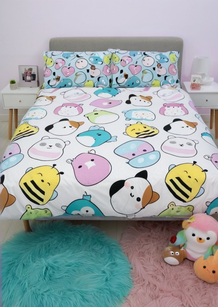 Zestaw poszewek na kołdrą Squishmallows Happy ze szczotkowanej mikrofibry w kolorze białym