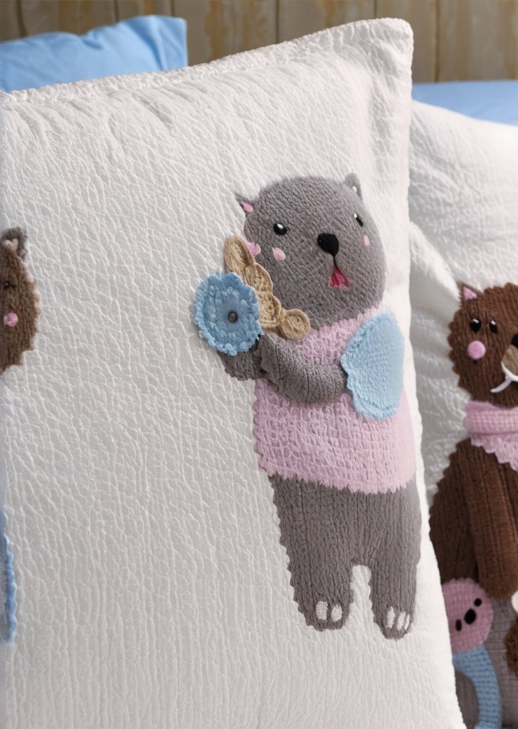 Wielobarwny zestaw pościeli polarowej z nadrukiem misia - obrazek 2