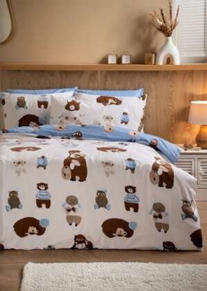 Wielobarwny zestaw pościeli polarowej z nadrukiem misia