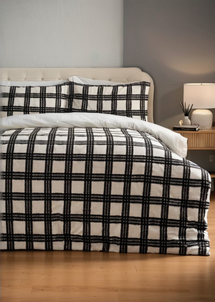 Zestaw pościeli pluszowej w czarno-białą kratką