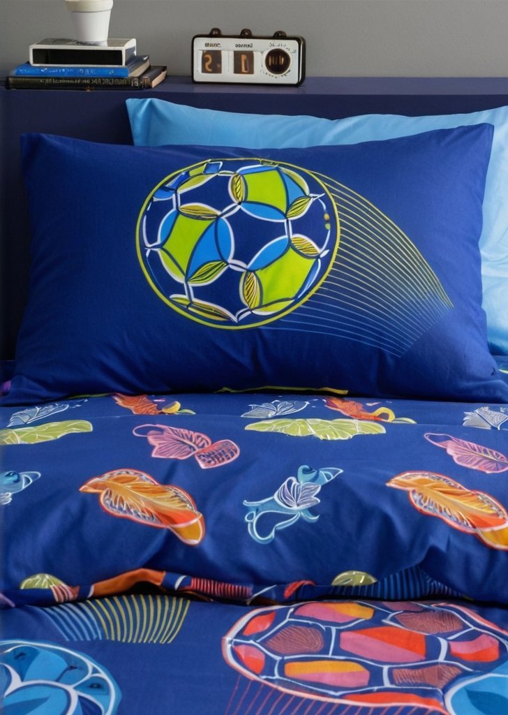 Komplet dwustronnych poszewek na kołdrą w kolorze jasnej piłki nożnej, granatowy - obrazek 3
