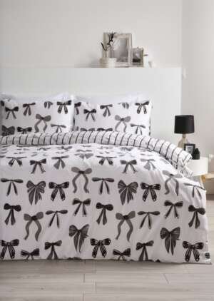 Pościel z czarno-białym nadrukiem w kokardką