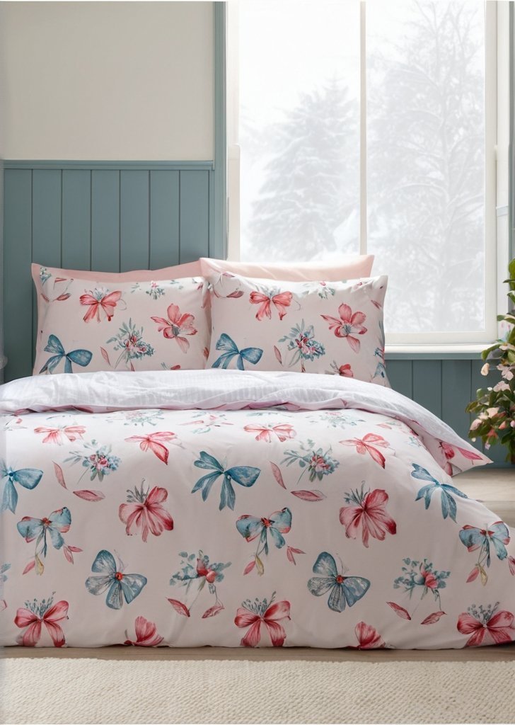 Zestaw dwustronnych poszewek na kołdrą w kolorze różowym, bożonarodzeniowe kokardki i dzwonki