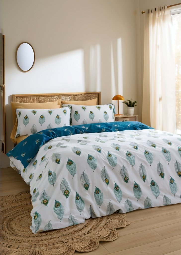 Dwustronny zestaw poszewek na kołdrą z pawich piór, w kolorze turkusowo-zielonym - obrazek 2